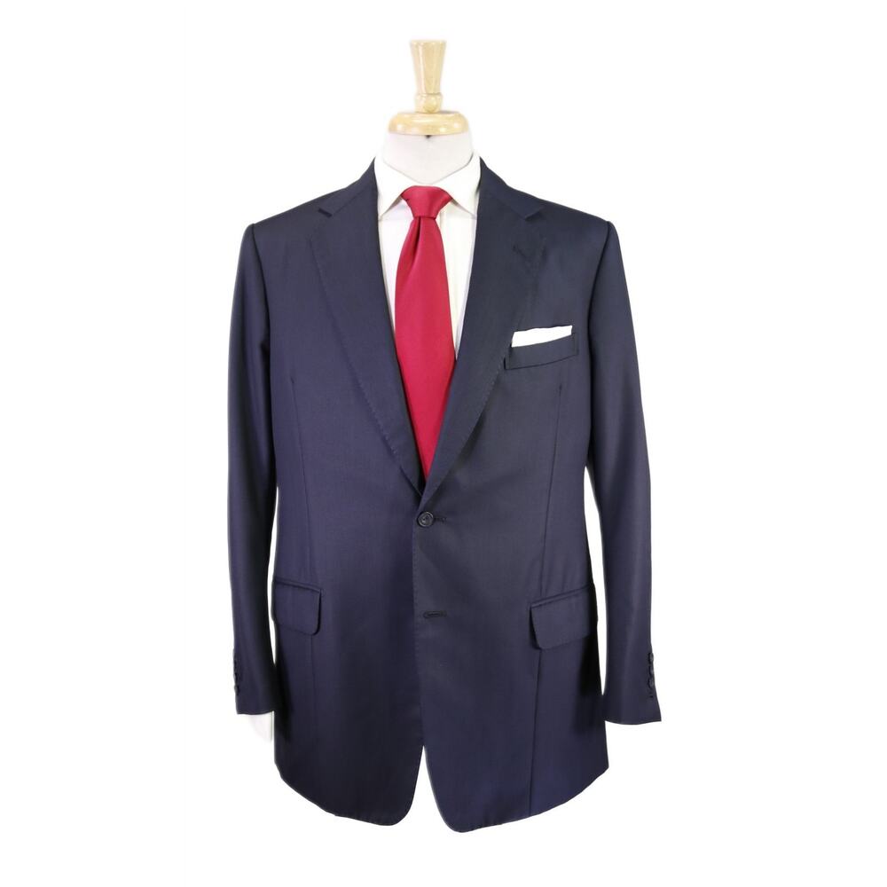 Huntsman Savile Row Bespoke Solid Navy Blue Woven 2-Btn Wool Suit 42R